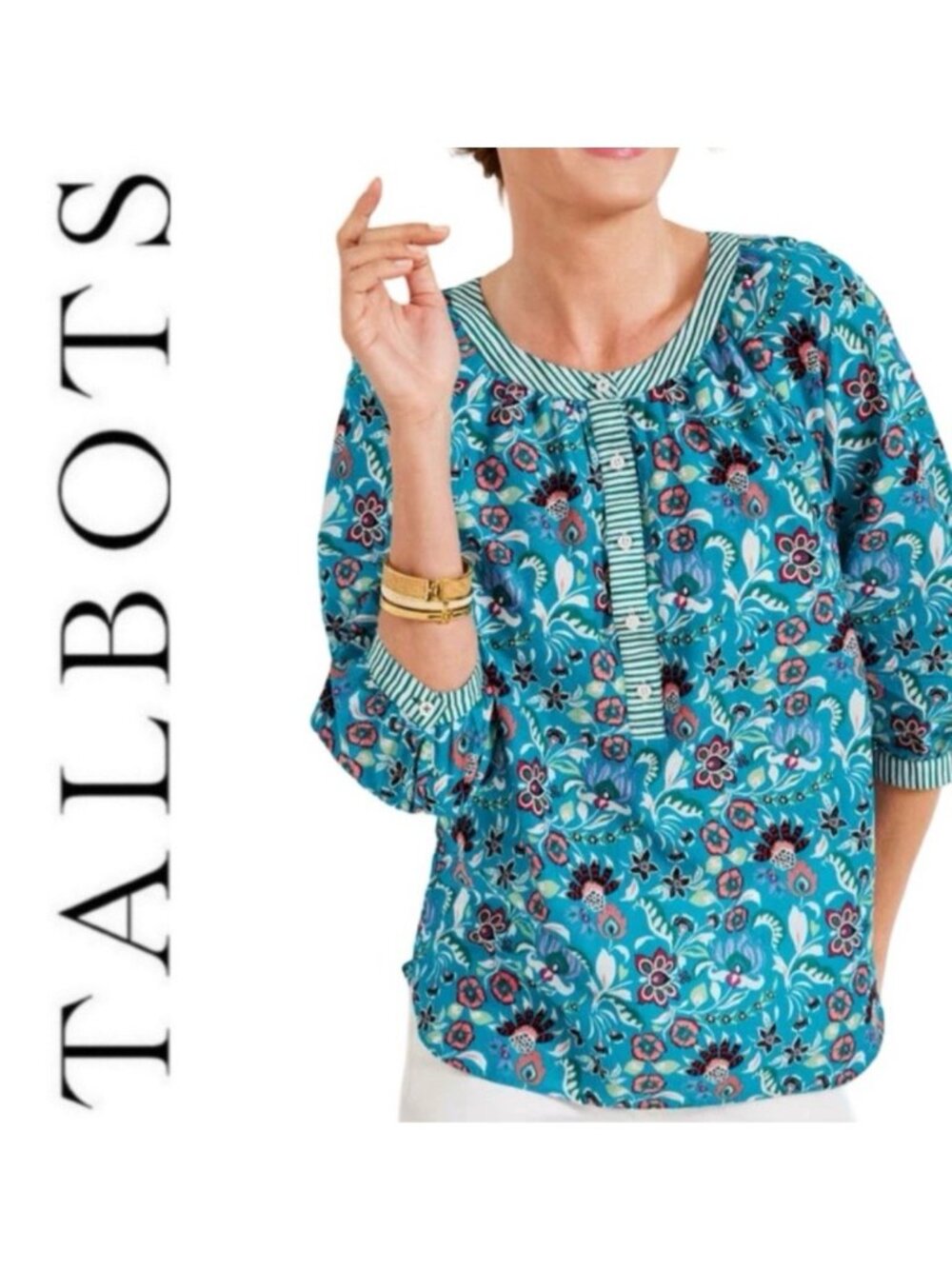 Talbots Jacobean Band Collar Blouse Size L Floral 3/4 Sleeve Popover Artsy New